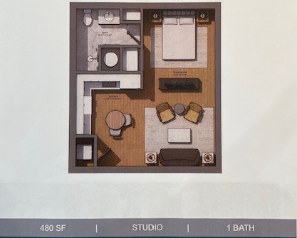Studio,A floor plan of a studio apartment with a bathroom and a living area.